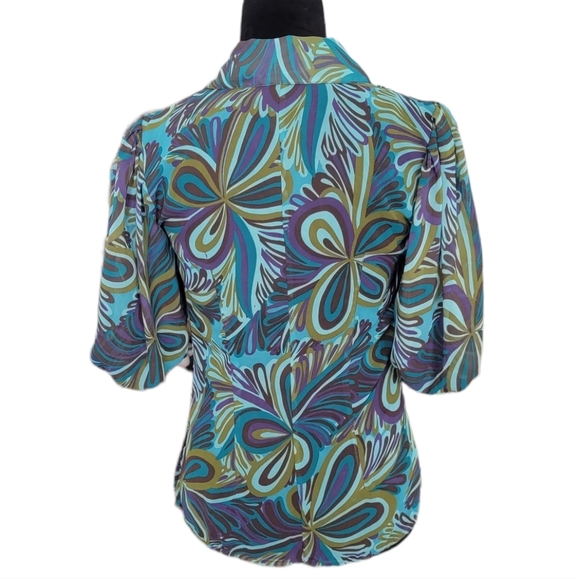 Bisou Bisou Retro Flower Print Balloon Sleeve Button Down Shirt Size XS - Picture 5 of 8